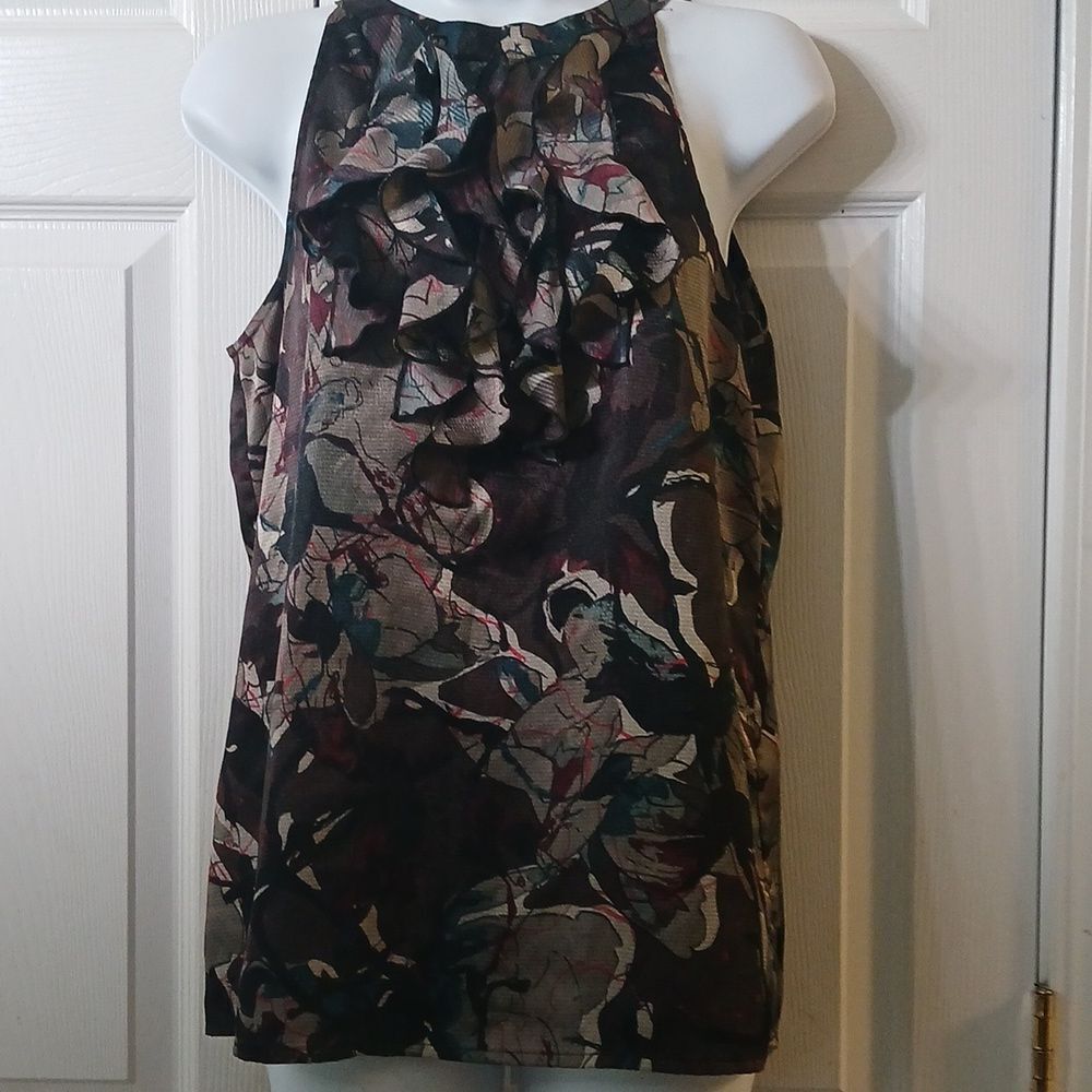 The Limited abstract print sleeveless blouse with ruffle front center Sz M NWOT